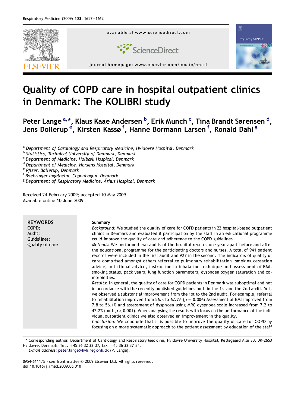 Quality of COPD care in hospital outpatient clinics in Denmark: The KOLIBRI study