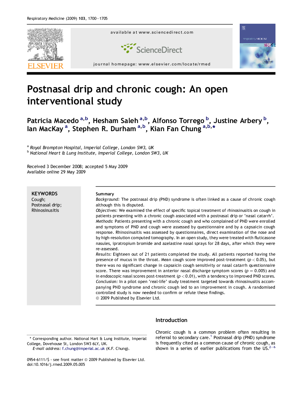 Postnasal drip and chronic cough: An open interventional study