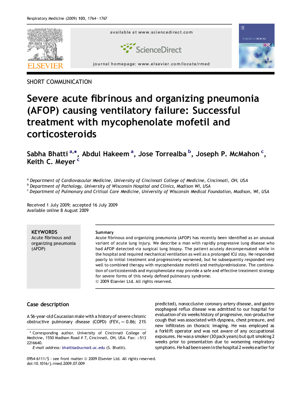 Severe acute fibrinous and organizing pneumonia (AFOP) causing ventilatory failure: Successful treatment with mycophenolate mofetil and corticosteroids