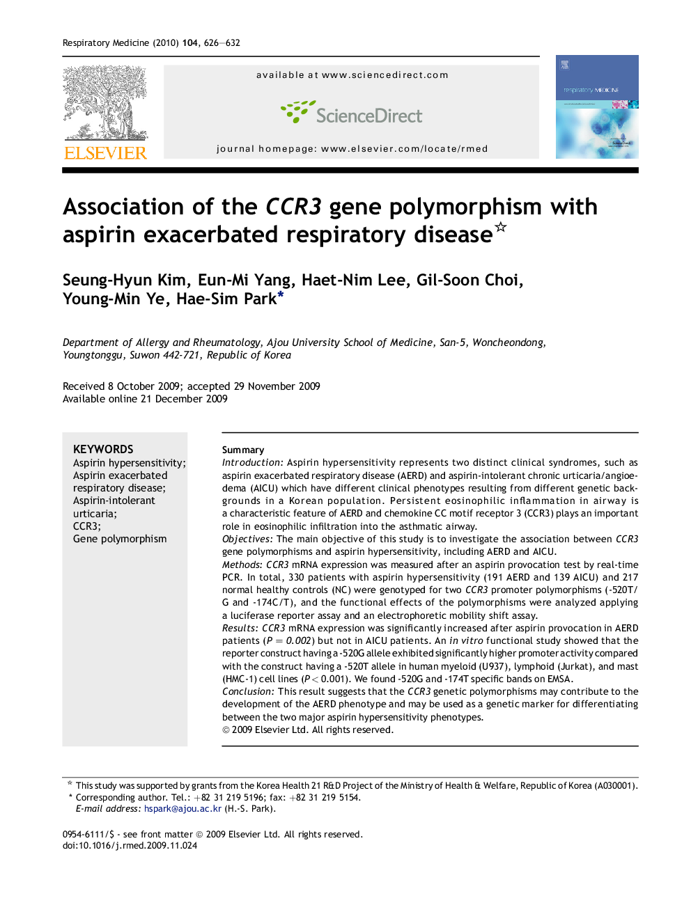 Association of the CCR3 gene polymorphism with aspirin exacerbated respiratory disease 