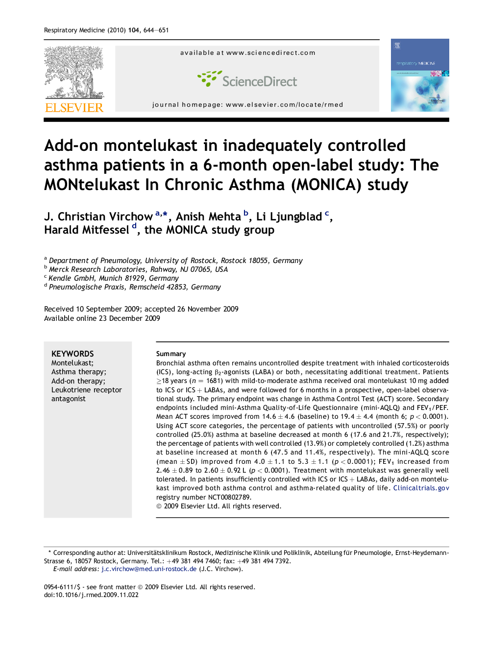 Add-on montelukast in inadequately controlled asthma patients in a 6-month open-label study: The MONtelukast In Chronic Asthma (MONICA) study