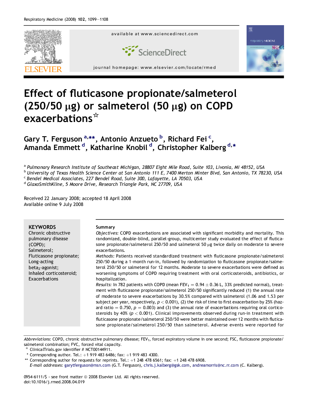 Effect of fluticasone propionate/salmeterol (250/50 μg) or salmeterol (50 μg) on COPD exacerbations 