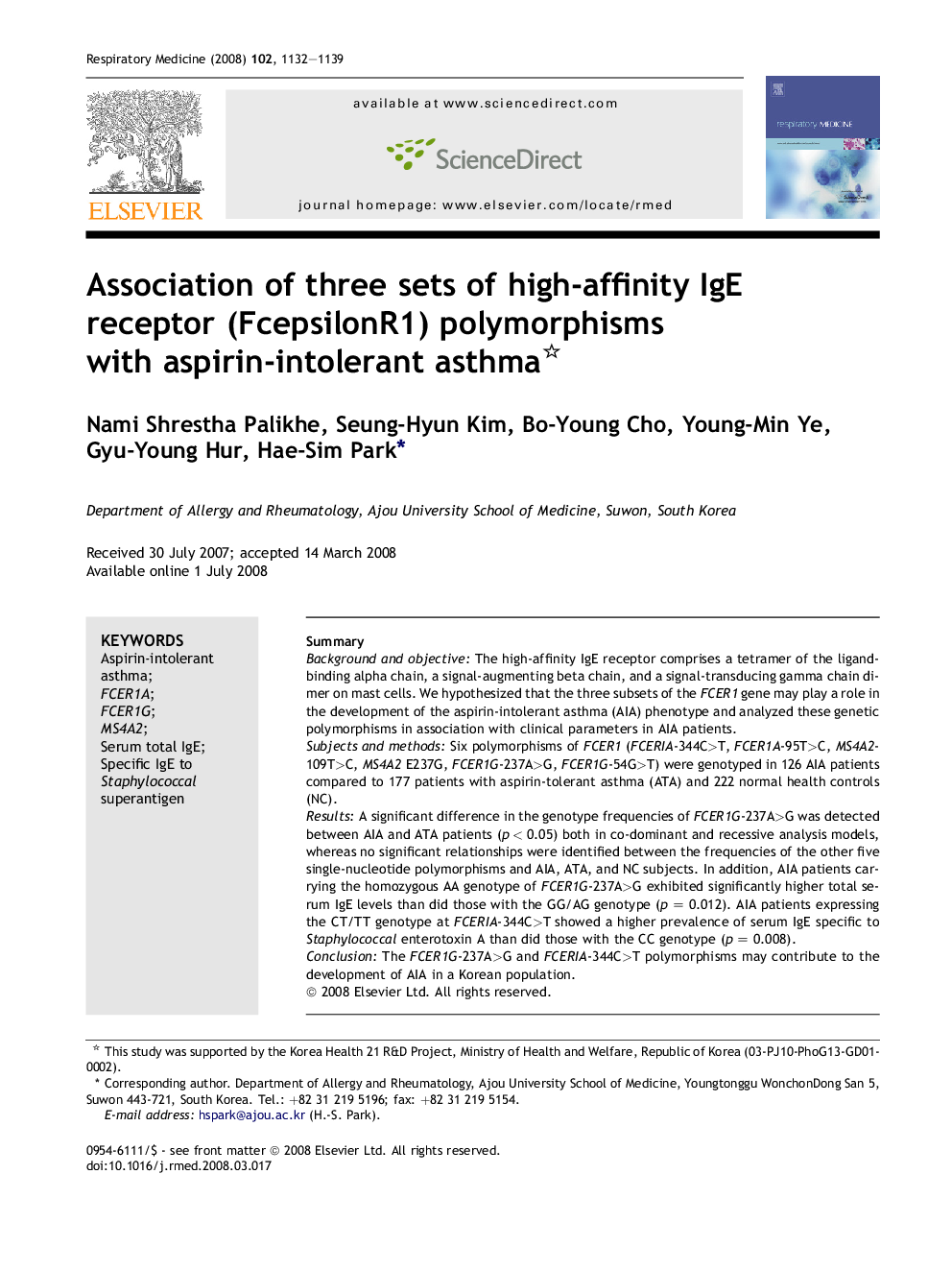 Association of three sets of high-affinity IgE receptor (FcepsilonR1) polymorphisms with aspirin-intolerant asthma 