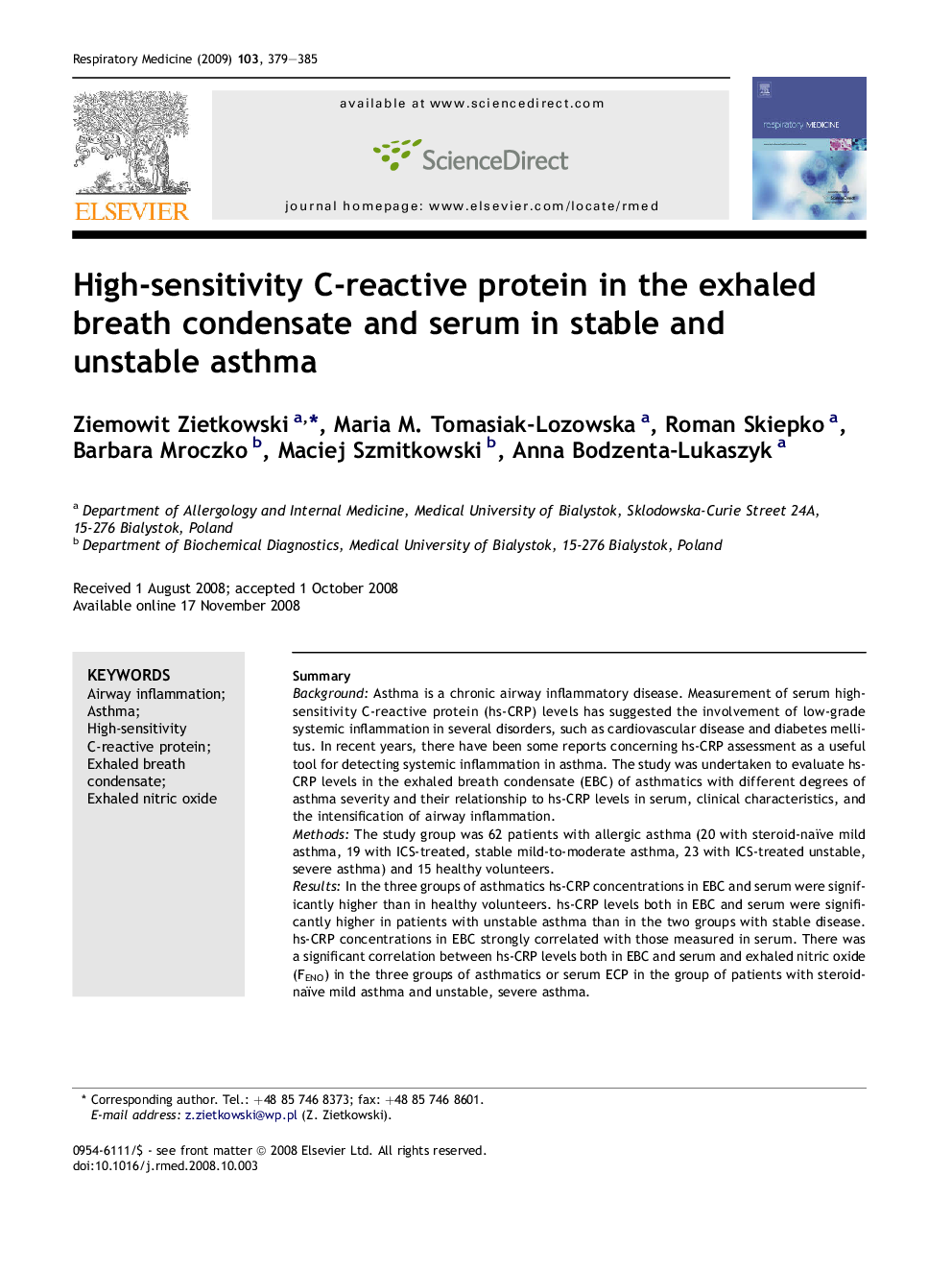 High-sensitivity C-reactive protein in the exhaled breath condensate and serum in stable and unstable asthma