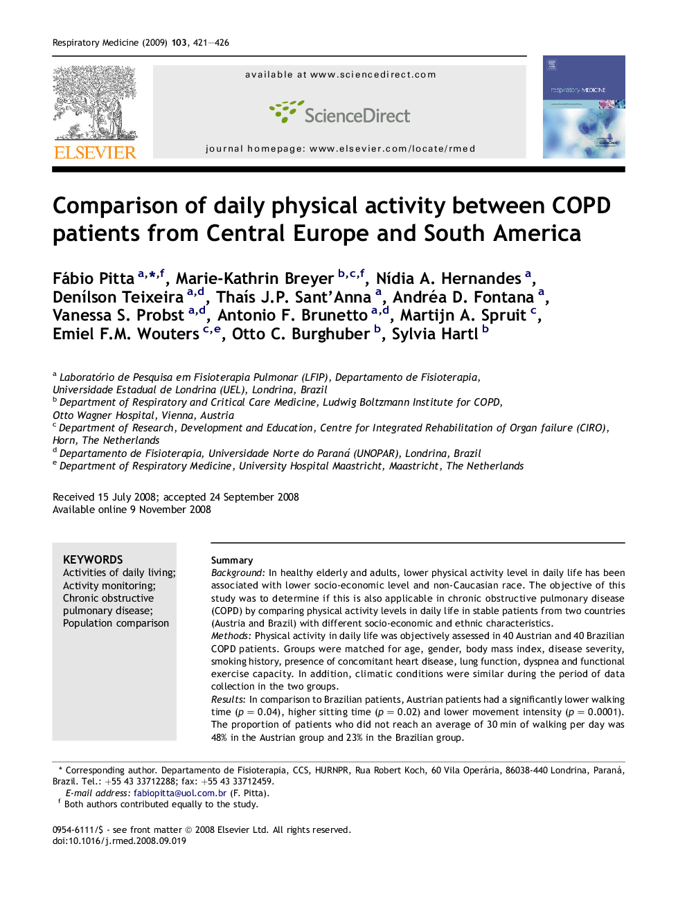 Comparison of daily physical activity between COPD patients from Central Europe and South America