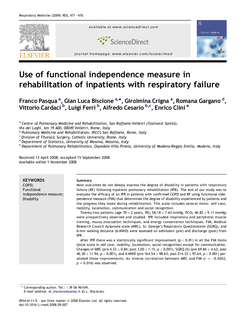 Use of functional independence measure in rehabilitation of inpatients with respiratory failure