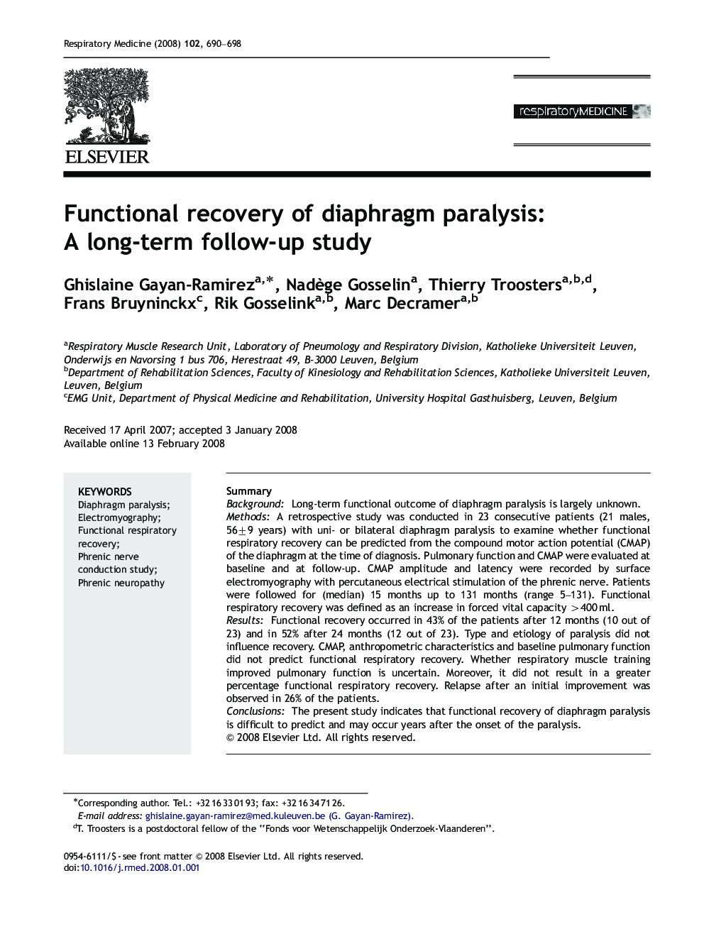 Functional recovery of diaphragm paralysis: A long-term follow-up study