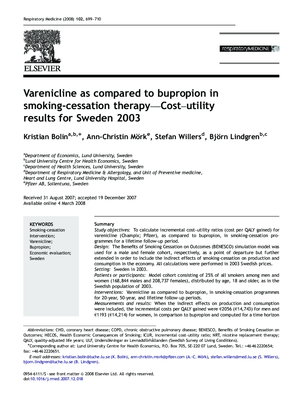Varenicline as compared to bupropion in smoking-cessation therapy—Cost–utility results for Sweden 2003