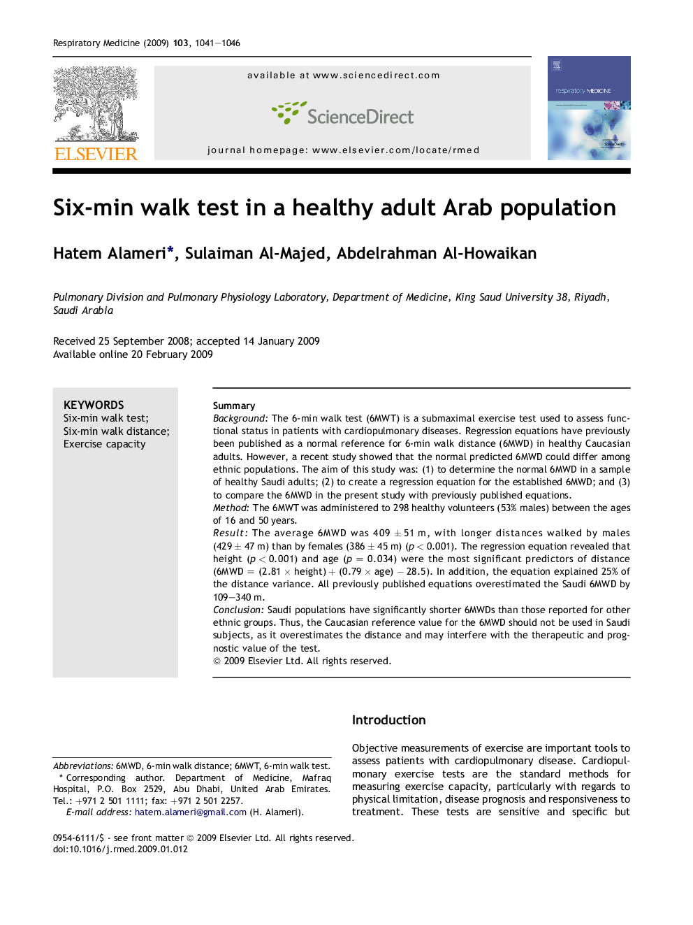 Six-min walk test in a healthy adult Arab population