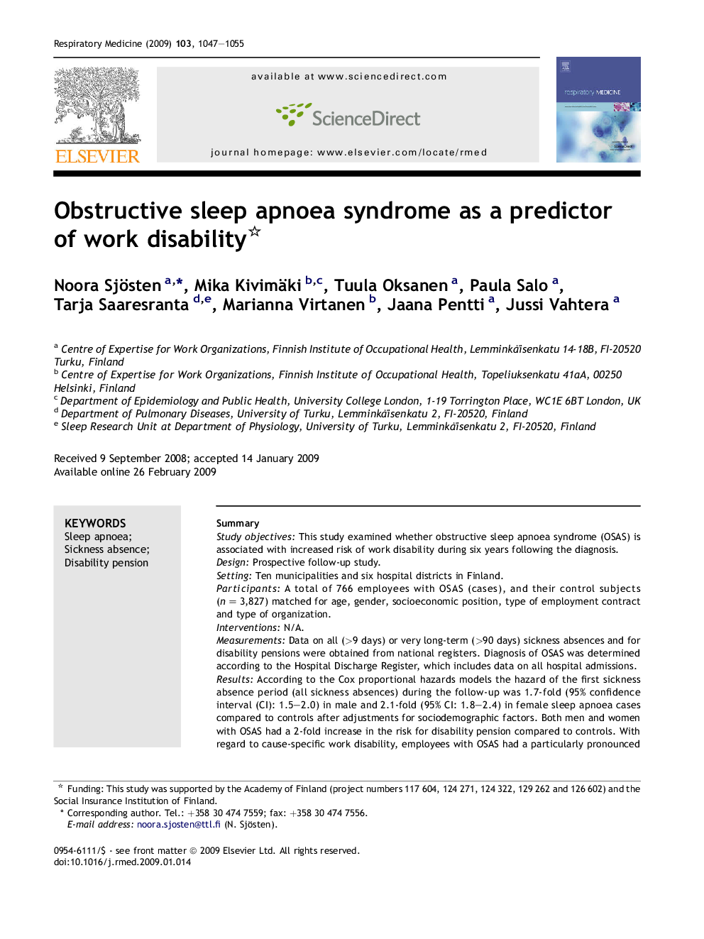 Obstructive sleep apnoea syndrome as a predictor of work disability 