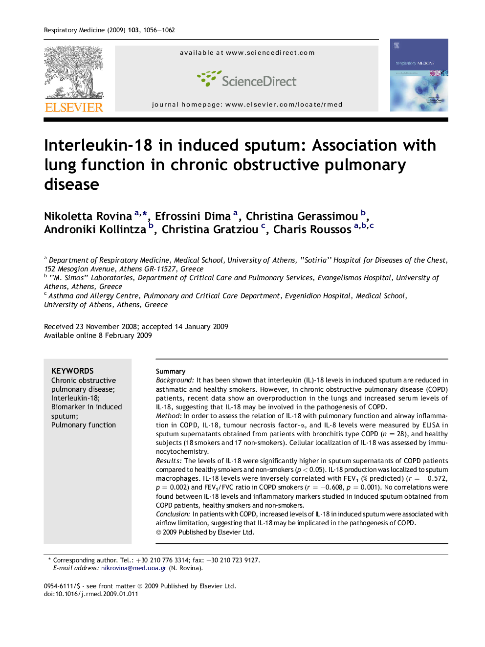 Interleukin-18 in induced sputum: Association with lung function in chronic obstructive pulmonary disease