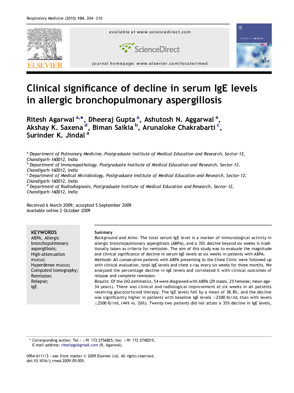 Clinical significance of decline in serum IgE levels in allergic bronchopulmonary aspergillosis