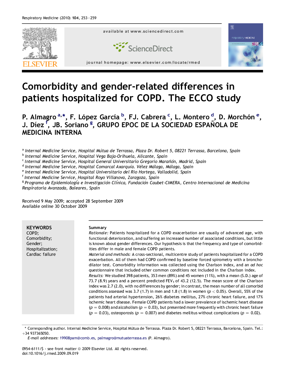 Comorbidity and gender-related differences in patients hospitalized for COPD. The ECCO study