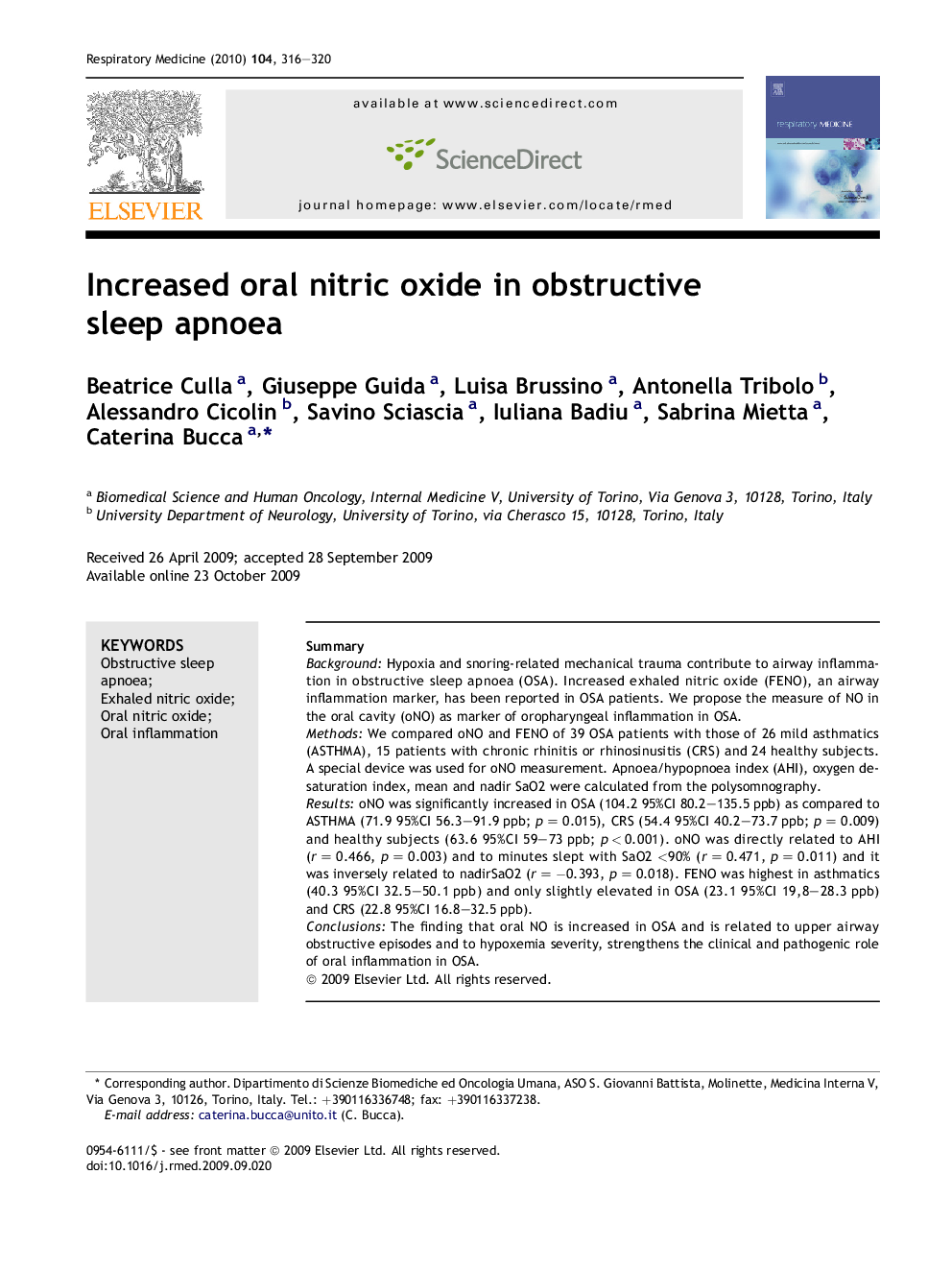 Increased oral nitric oxide in obstructive sleep apnoea