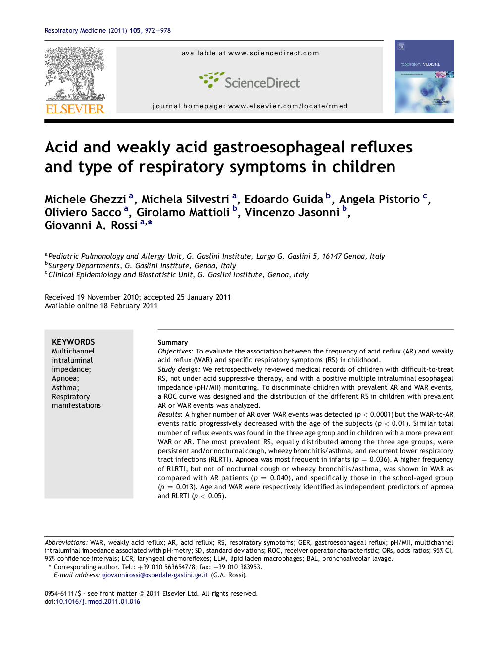 Acid and weakly acid gastroesophageal refluxes and type of respiratory symptoms in children