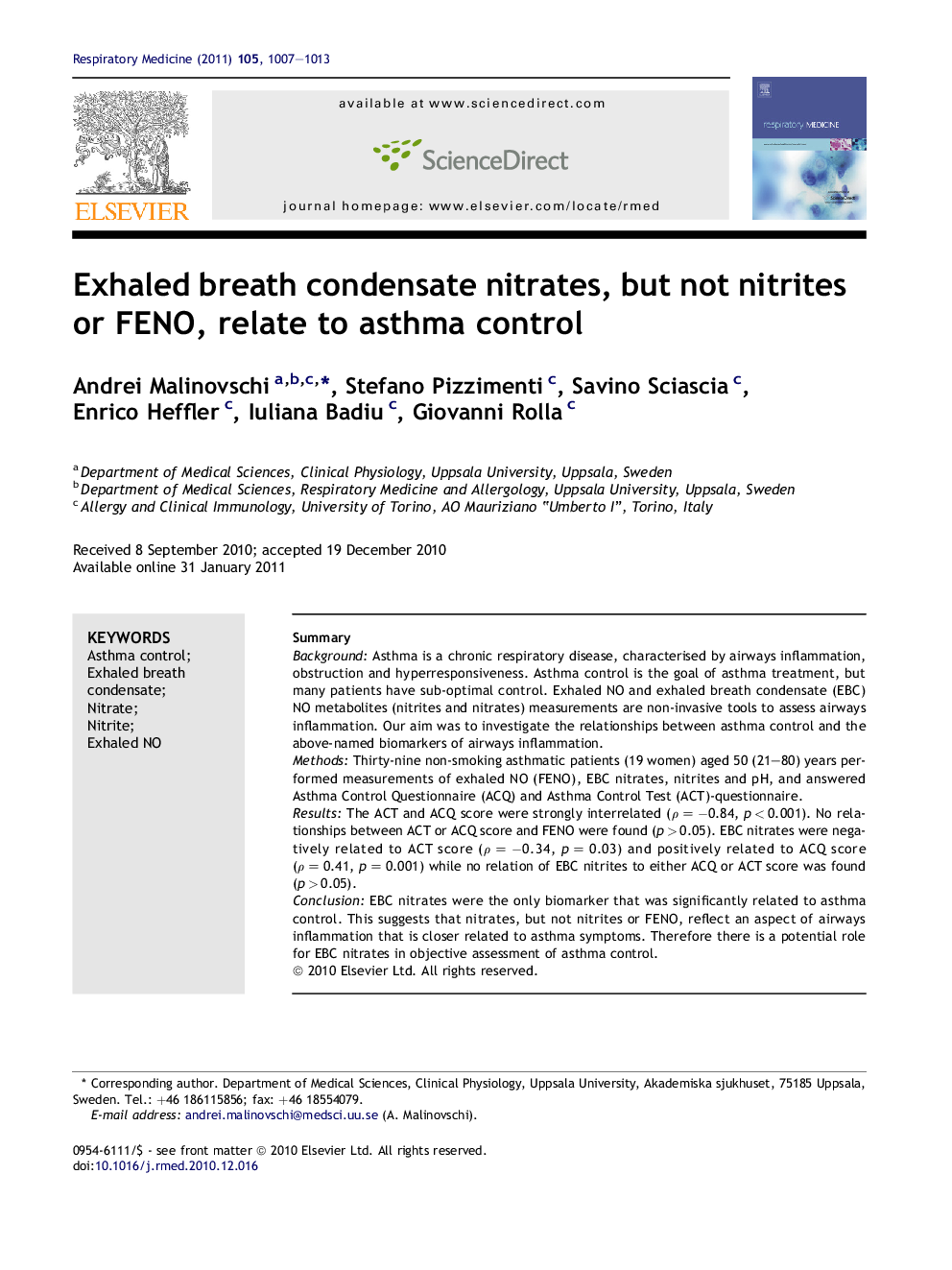 Exhaled breath condensate nitrates, but not nitrites or FENO, relate to asthma control