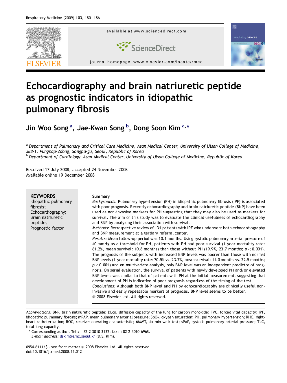 Echocardiography and brain natriuretic peptide as prognostic indicators in idiopathic pulmonary fibrosis