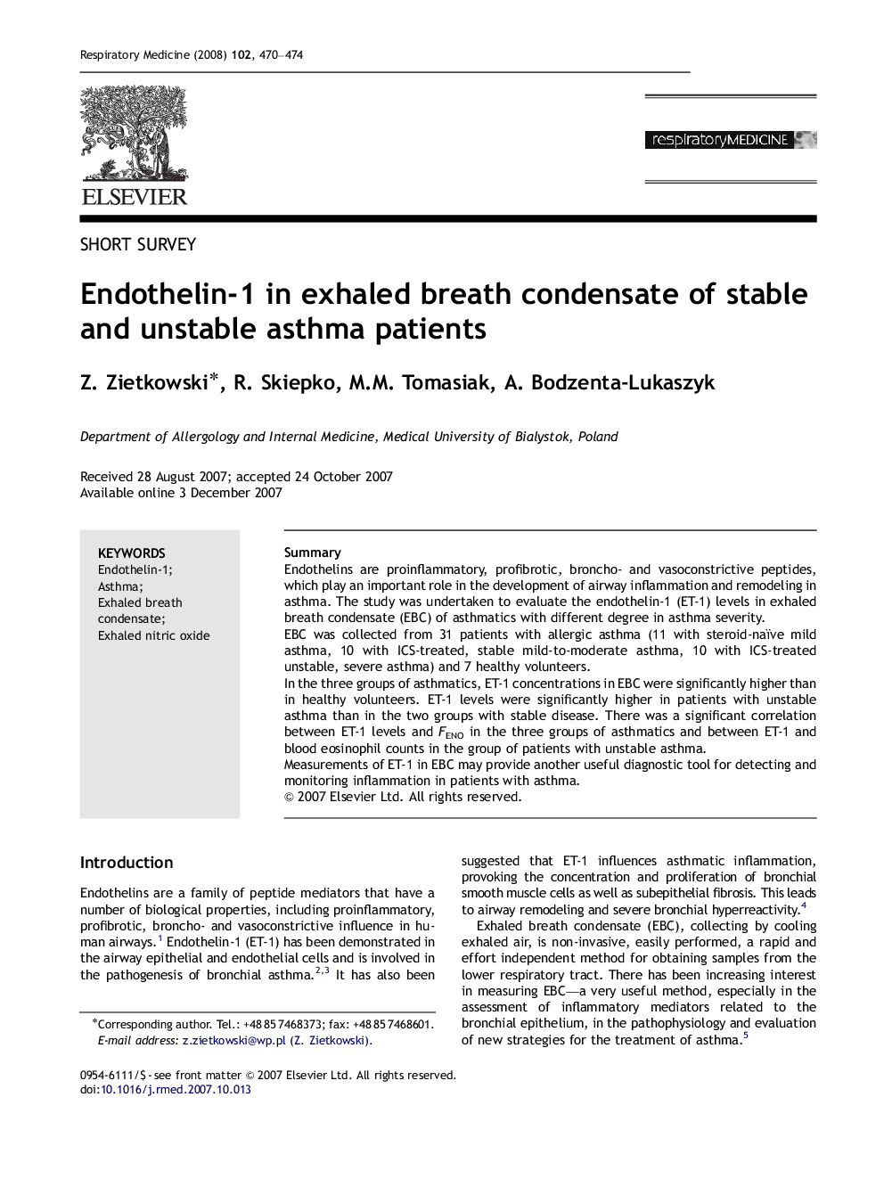 Endothelin-1 in exhaled breath condensate of stable and unstable asthma patients