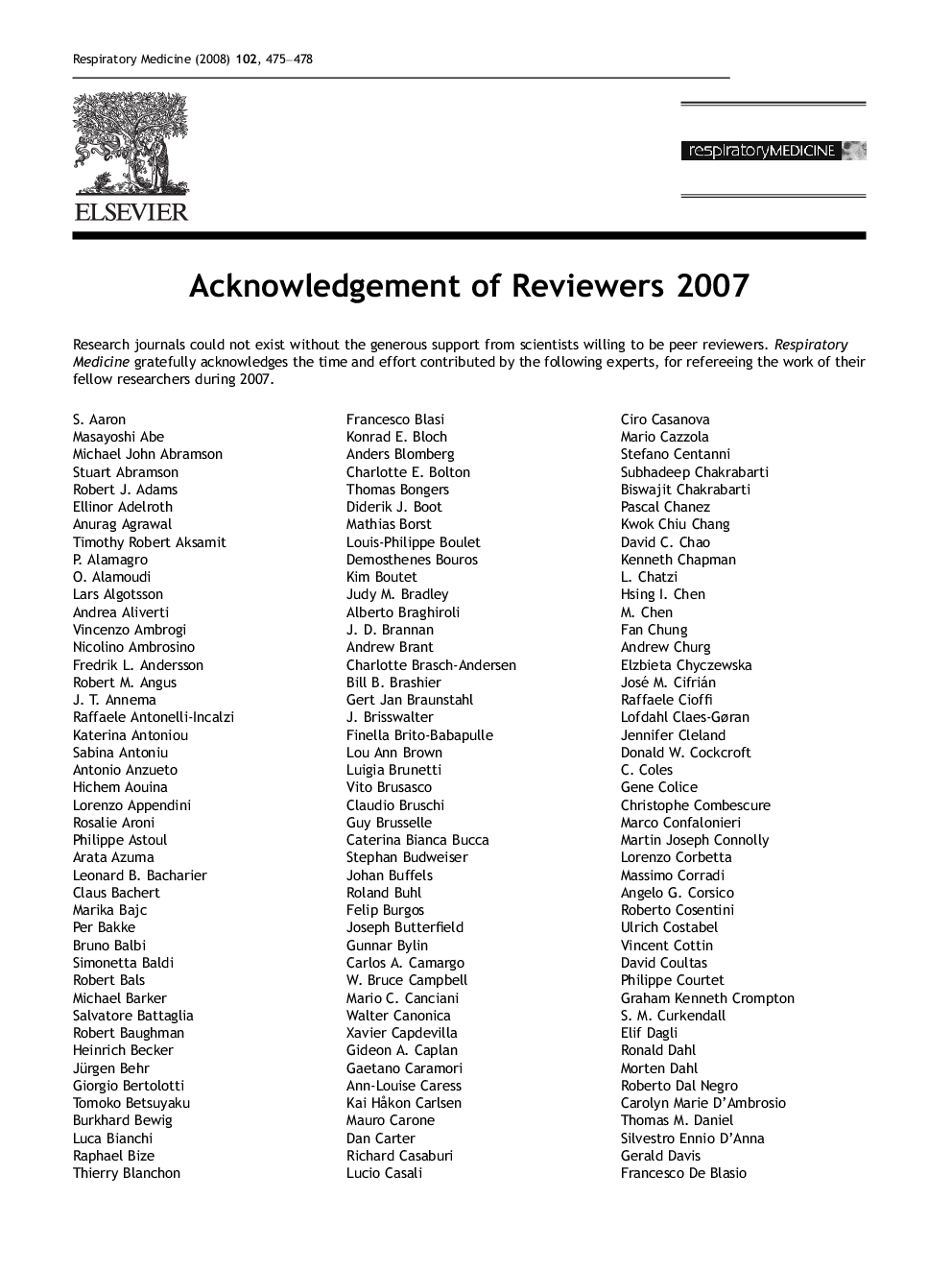 Acknowledgement of Reviewers 2007