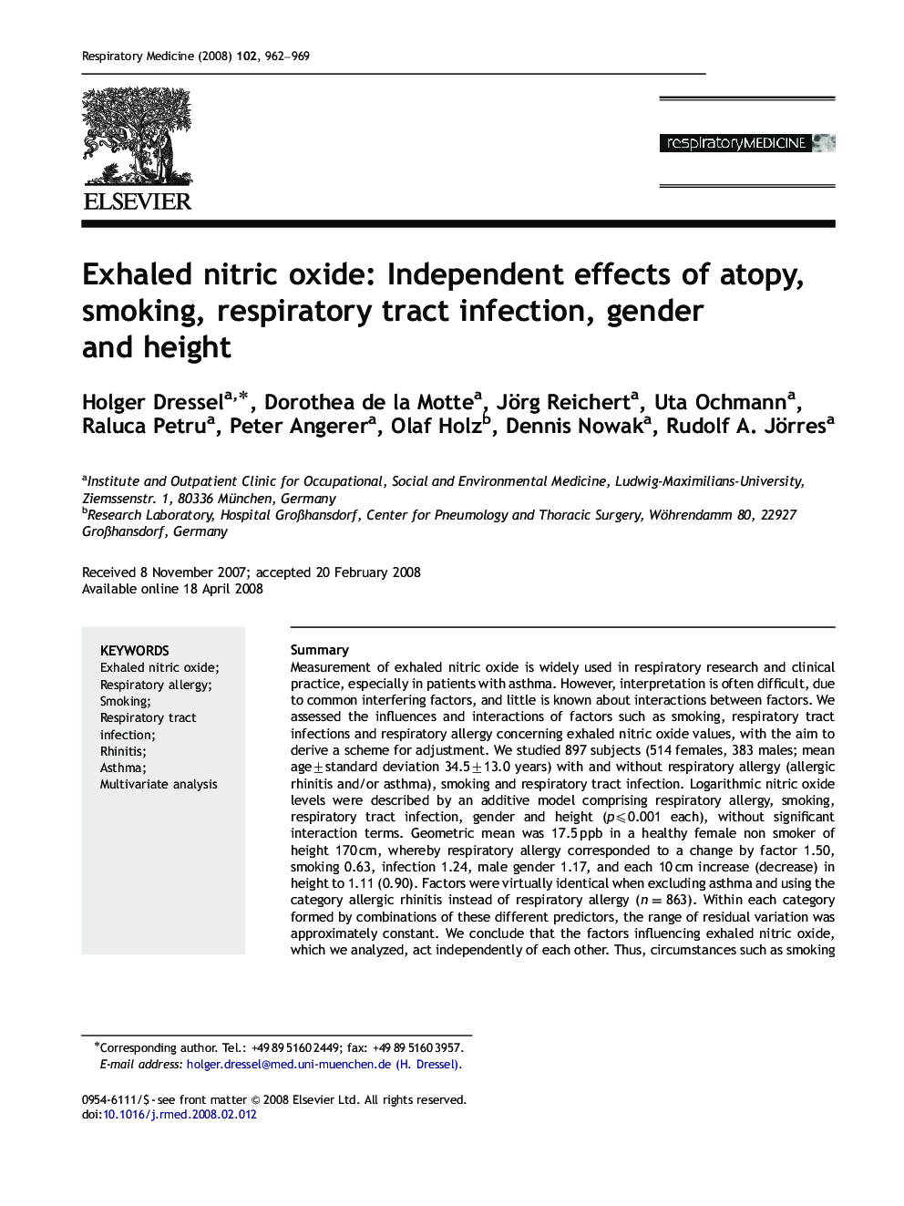 Exhaled nitric oxide: Independent effects of atopy, smoking, respiratory tract infection, gender and height