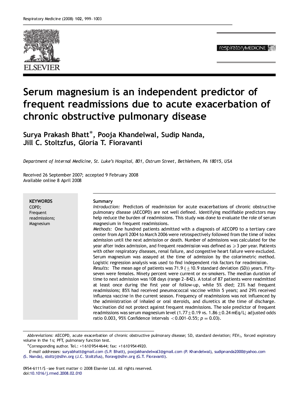 Serum magnesium is an independent predictor of frequent readmissions due to acute exacerbation of chronic obstructive pulmonary disease