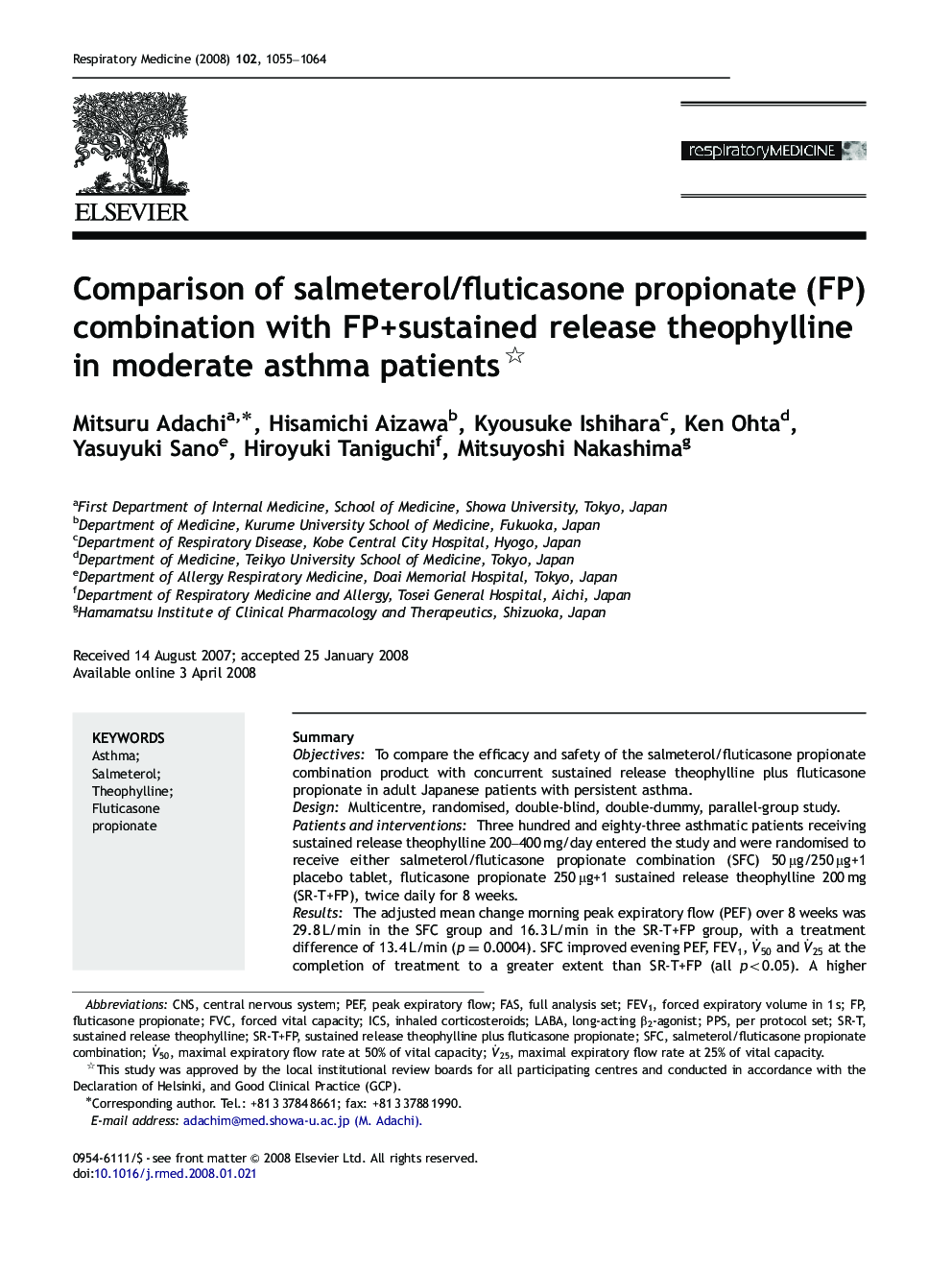 Comparison of salmeterol/fluticasone propionate (FP) combination with FP+sustained release theophylline in moderate asthma patients 