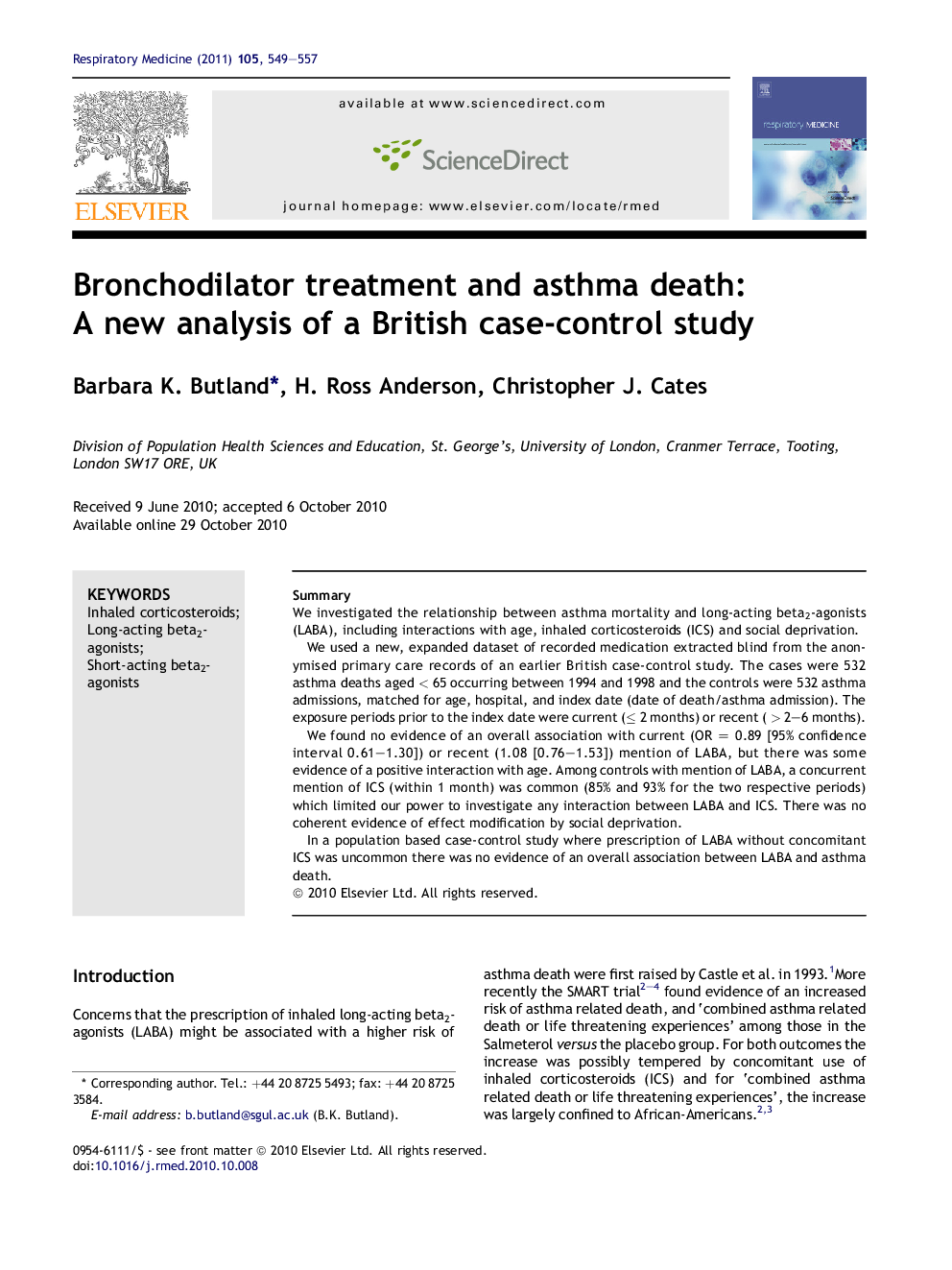 Bronchodilator treatment and asthma death: A new analysis of a British case-control study