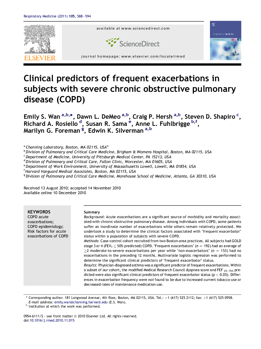 Clinical predictors of frequent exacerbations in subjects with severe chronic obstructive pulmonary disease (COPD)