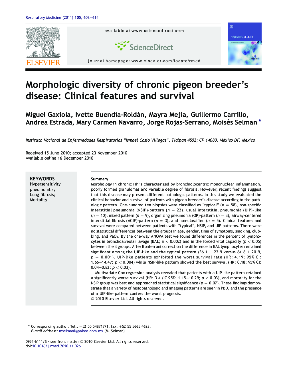 Morphologic diversity of chronic pigeon breeder’s disease: Clinical features and survival