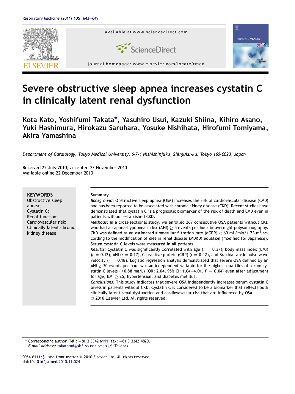 Severe obstructive sleep apnea increases cystatin C in clinically latent renal dysfunction