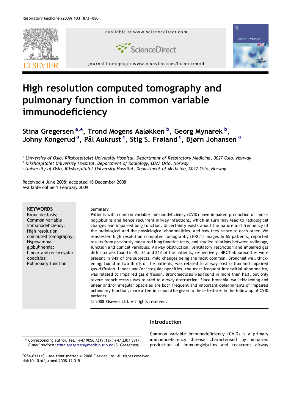 High resolution computed tomography and pulmonary function in common variable immunodeficiency