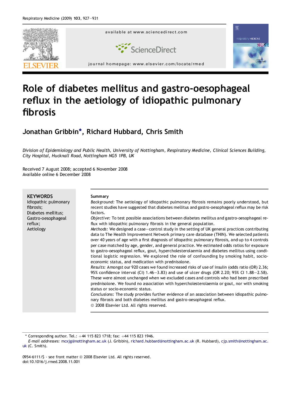 Role of diabetes mellitus and gastro-oesophageal reflux in the aetiology of idiopathic pulmonary fibrosis