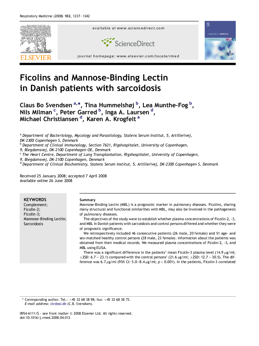 Ficolins and Mannose-Binding Lectin in Danish patients with sarcoidosis