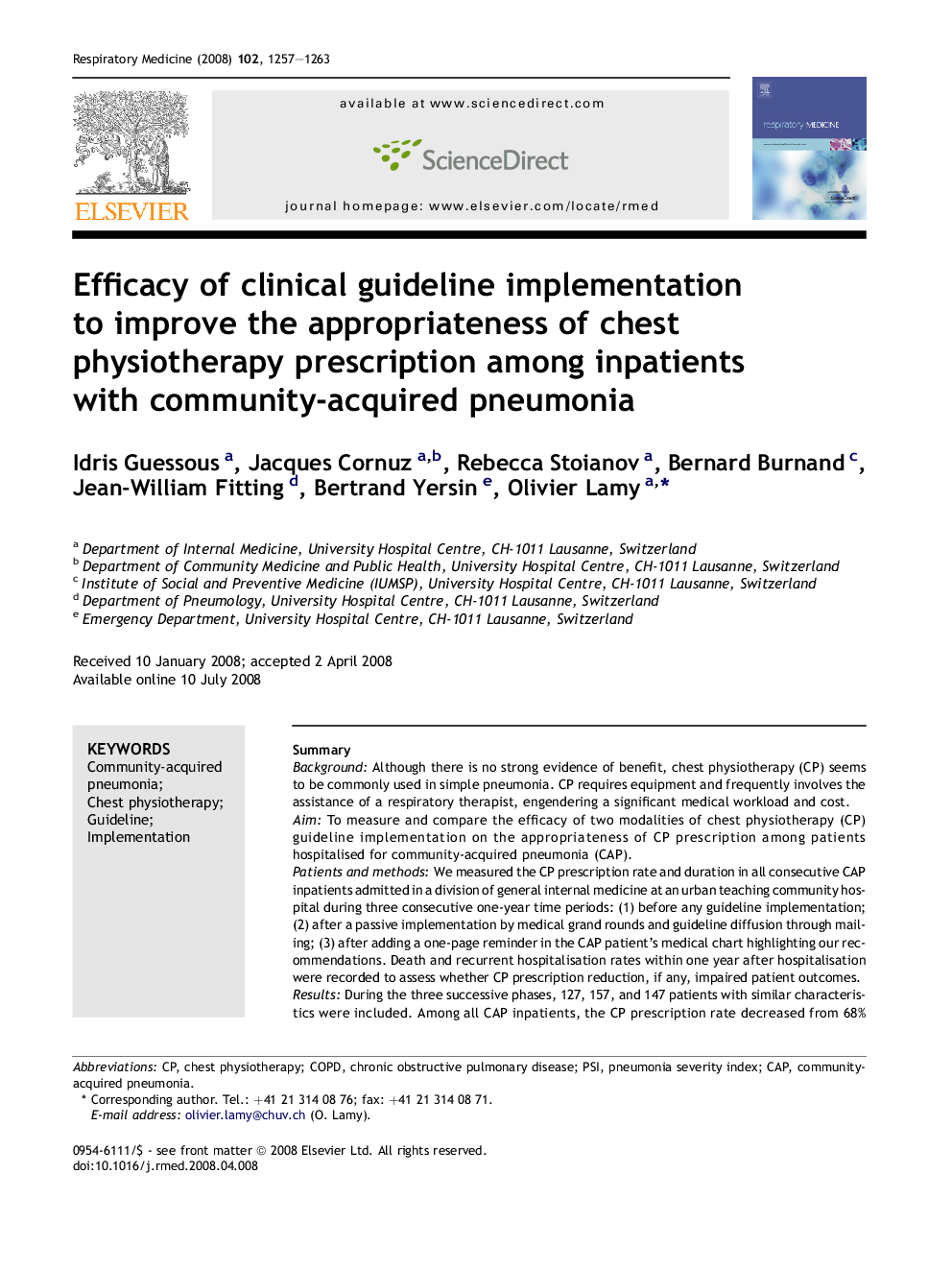 Efficacy of clinical guideline implementation to improve the appropriateness of chest physiotherapy prescription among inpatients with community-acquired pneumonia