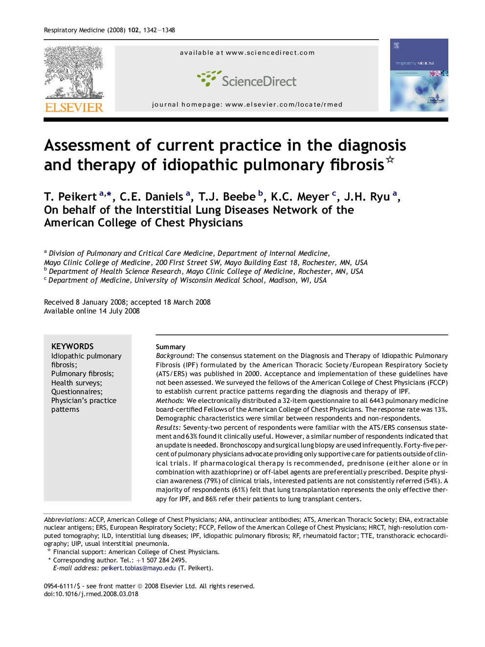 Assessment of current practice in the diagnosis and therapy of idiopathic pulmonary fibrosis 