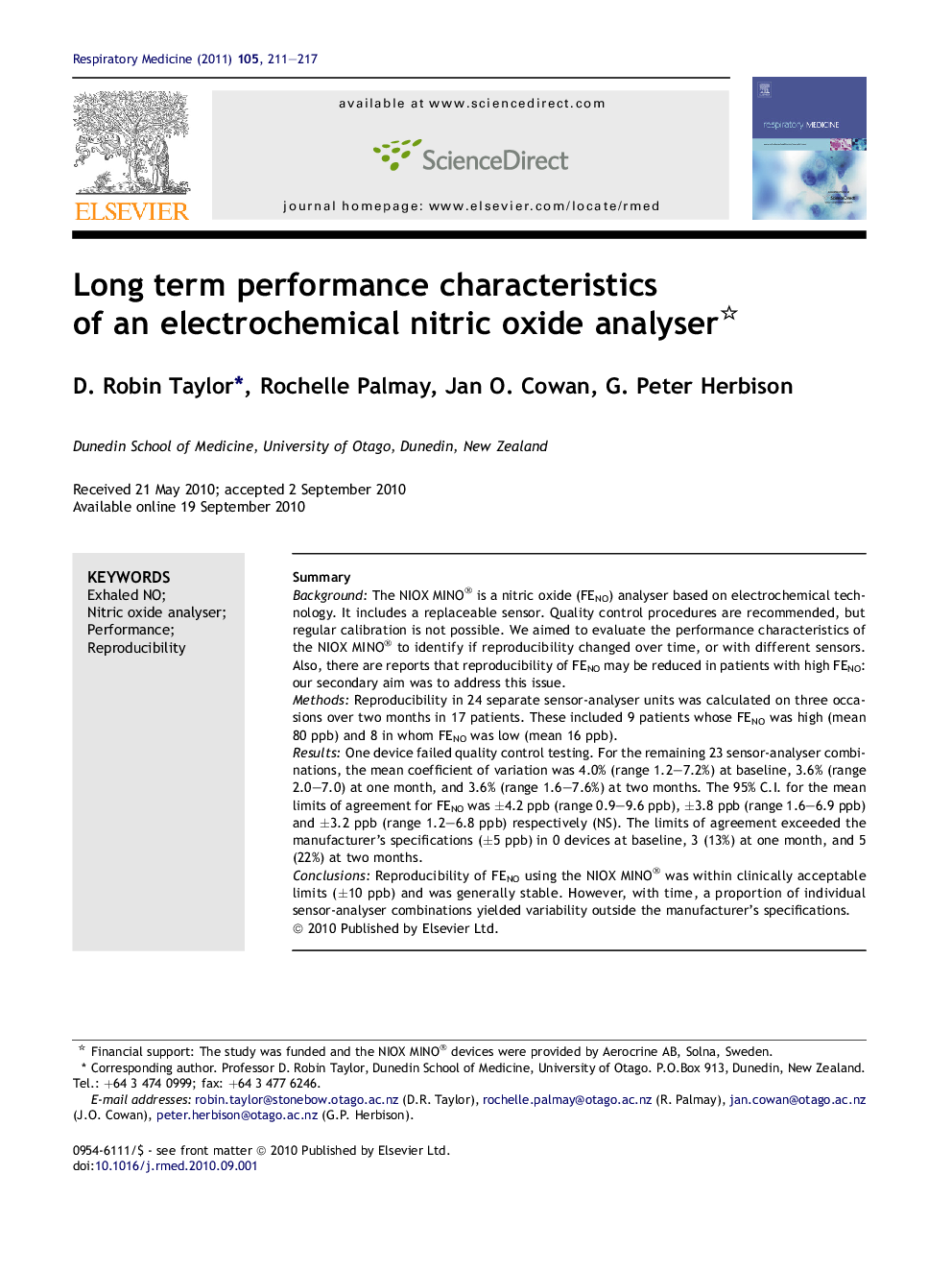 Long term performance characteristics of an electrochemical nitric oxide analyser 