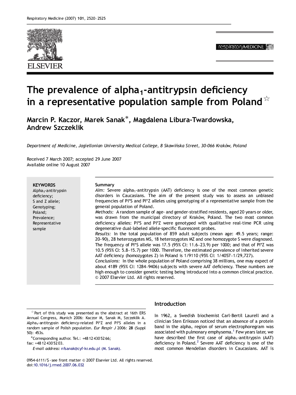 The prevalence of alpha1-antitrypsin deficiency in a representative population sample from Poland 