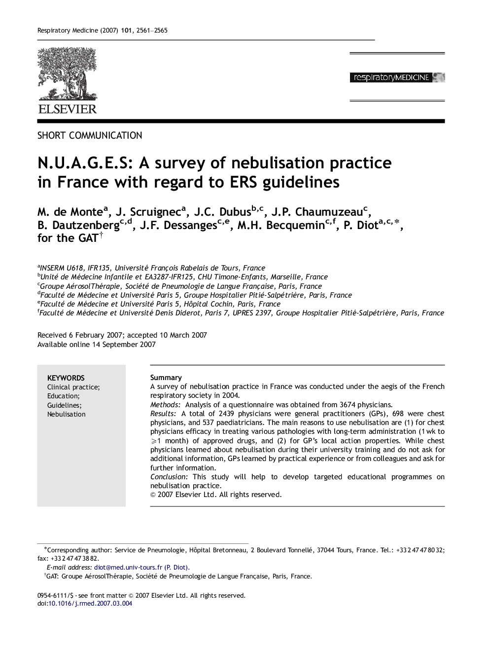 N.U.A.G.E.S: A survey of nebulisation practice in France with regard to ERS guidelines