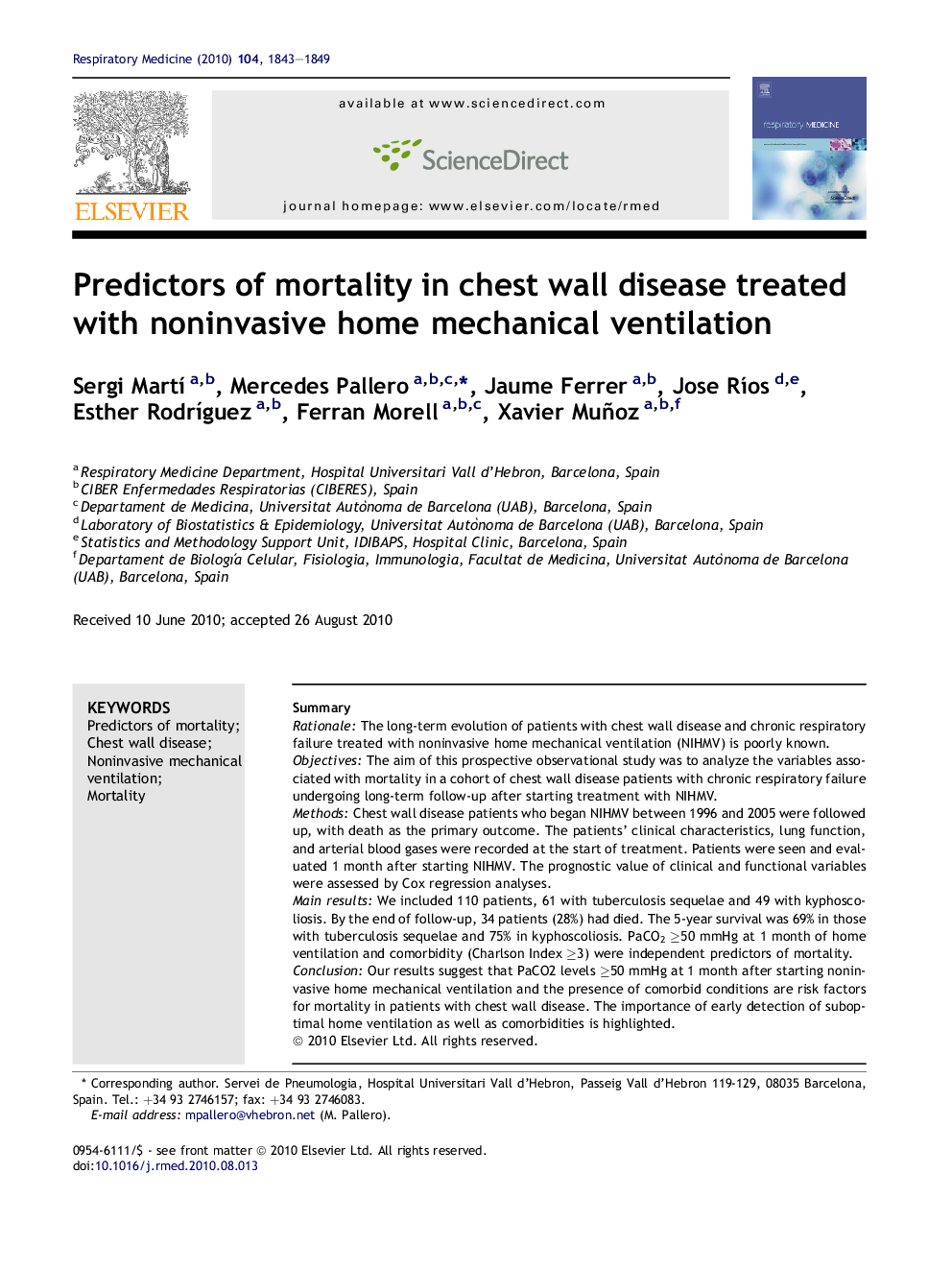 Predictors of mortality in chest wall disease treated with noninvasive home mechanical ventilation