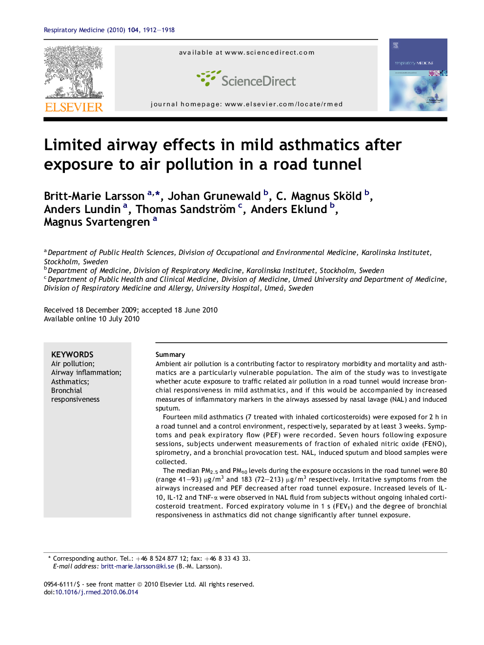 Limited airway effects in mild asthmatics after exposure to air pollution in a road tunnel