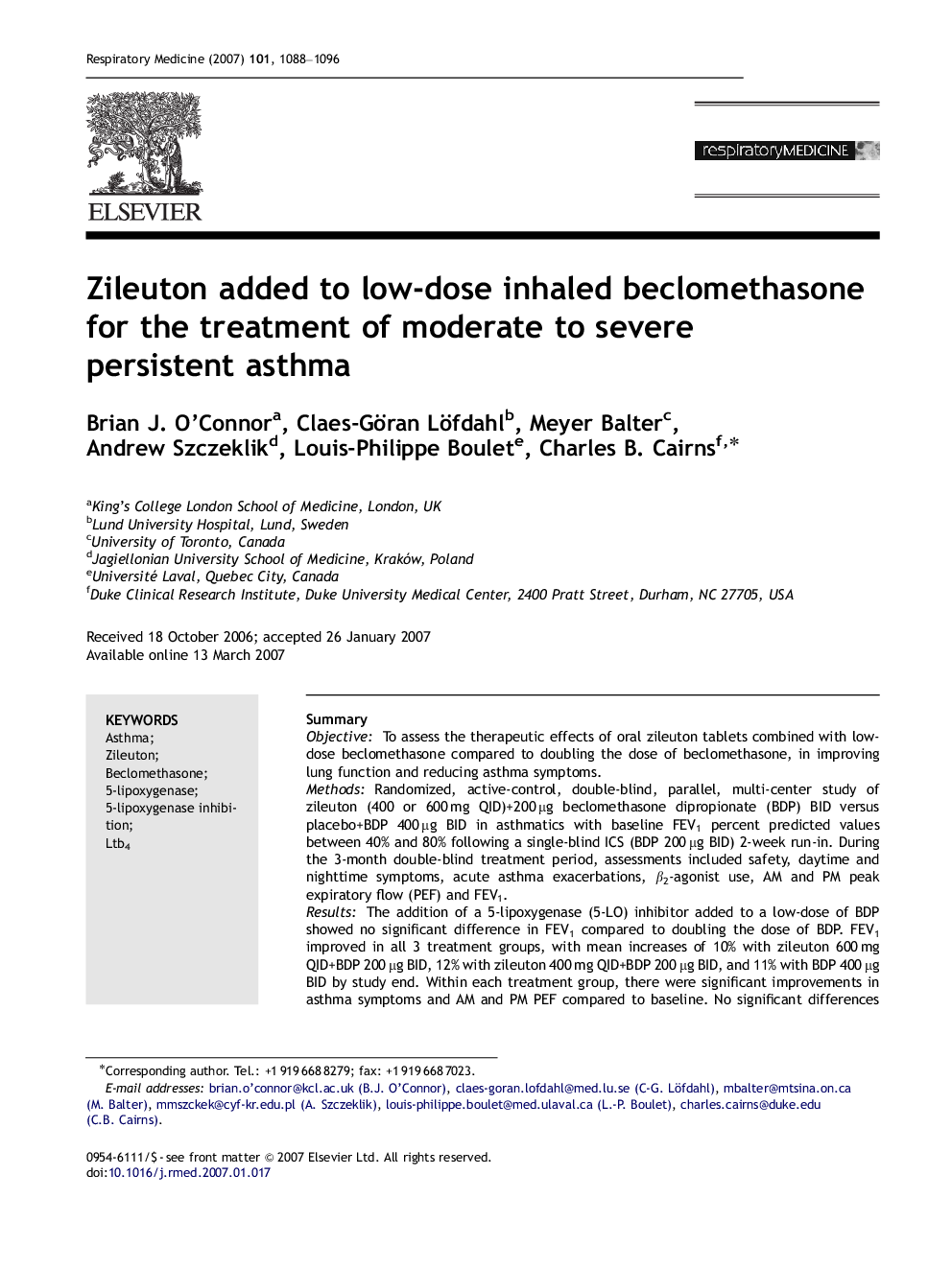 Zileuton added to low-dose inhaled beclomethasone for the treatment of moderate to severe persistent asthma