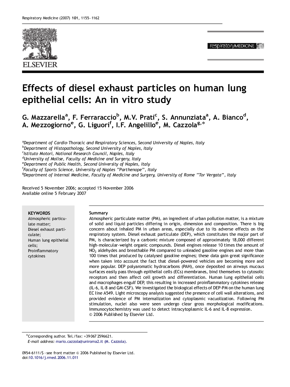 Effects of diesel exhaust particles on human lung epithelial cells: An in vitro study