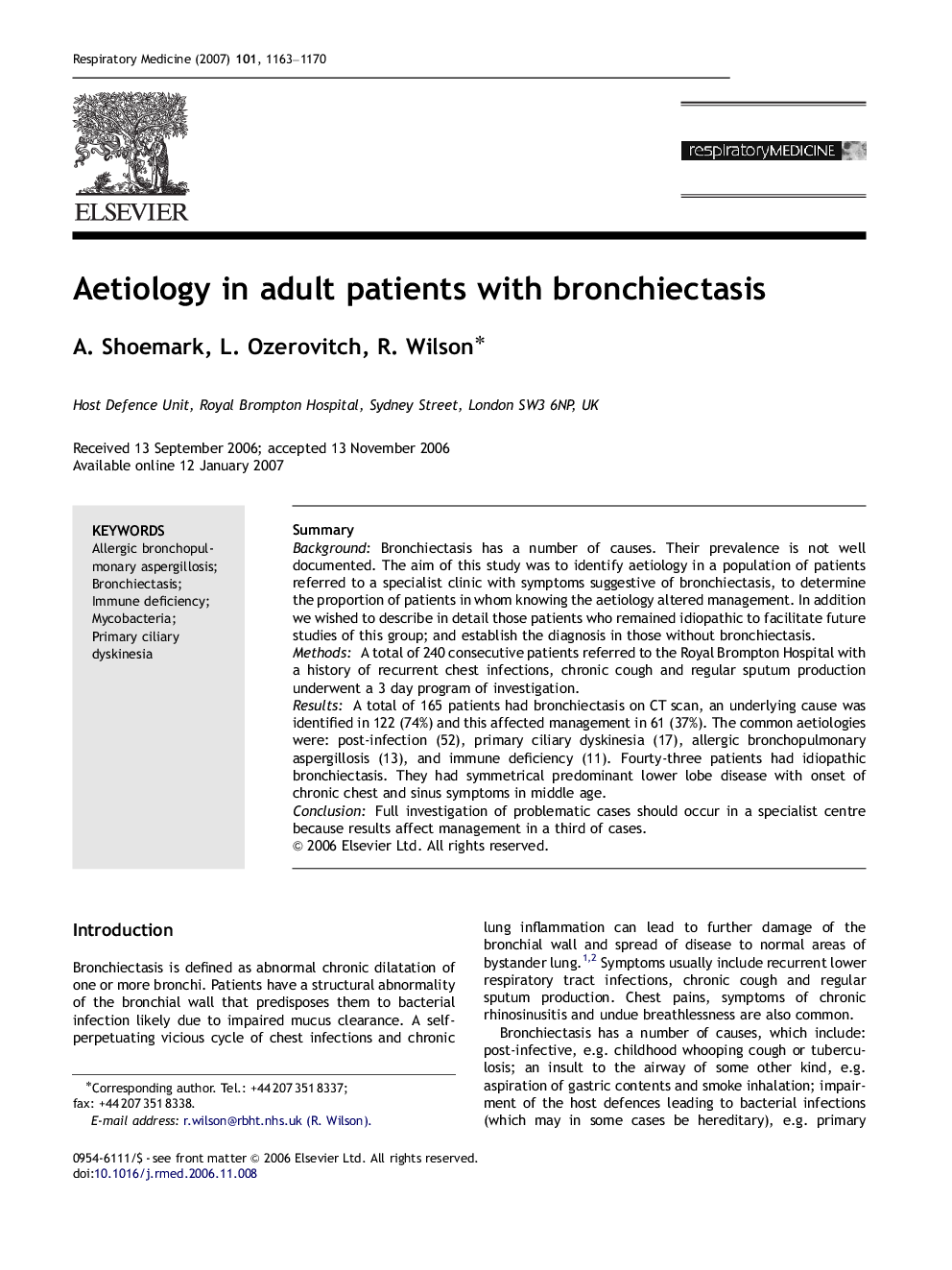 Aetiology in adult patients with bronchiectasis