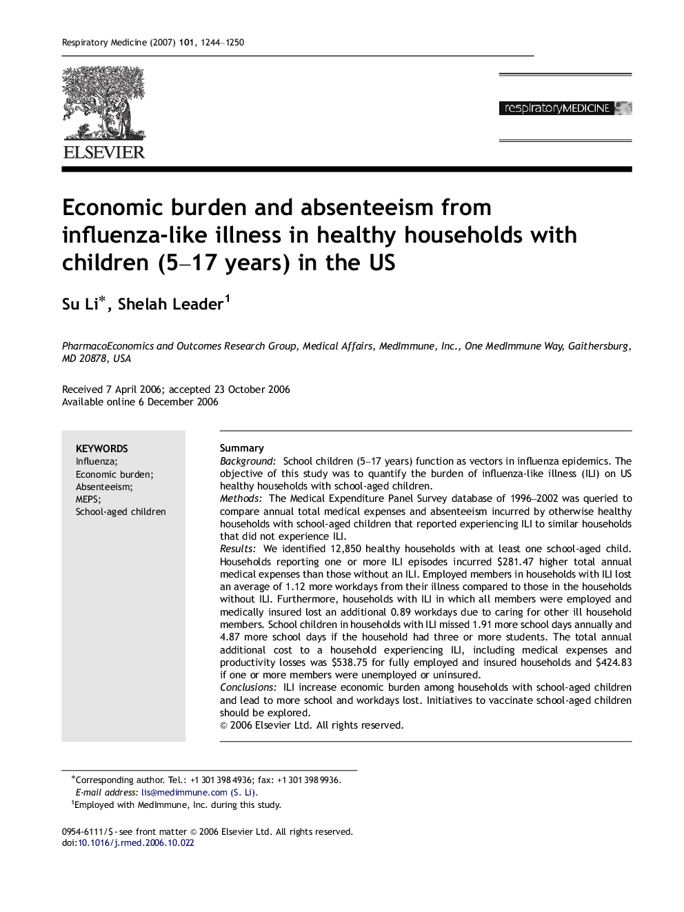 Economic burden and absenteeism from influenza-like illness in healthy households with children (5–17 years) in the US