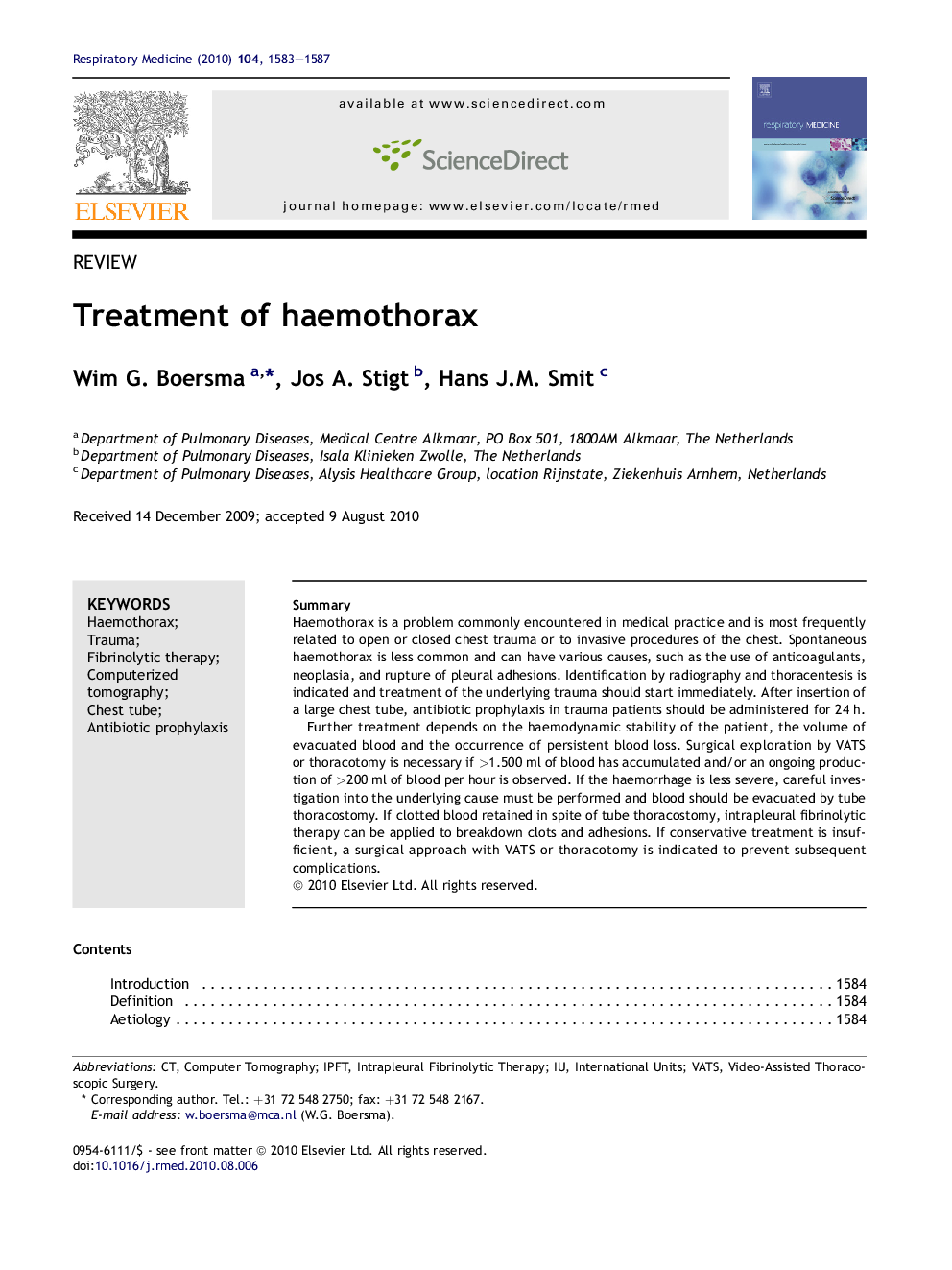 Treatment of haemothorax