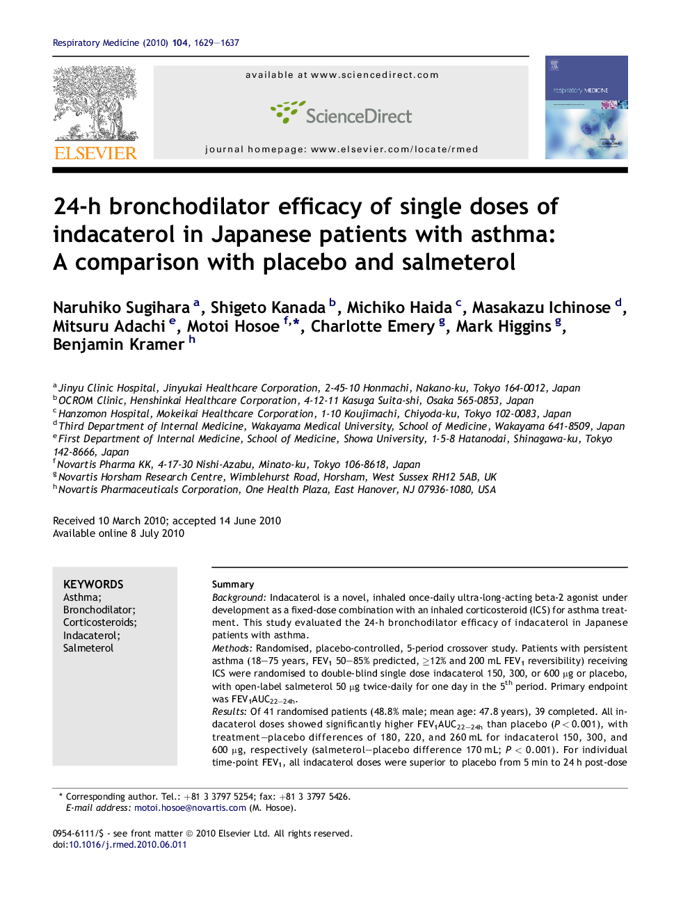 24-h bronchodilator efficacy of single doses of indacaterol in Japanese patients with asthma: A comparison with placebo and salmeterol