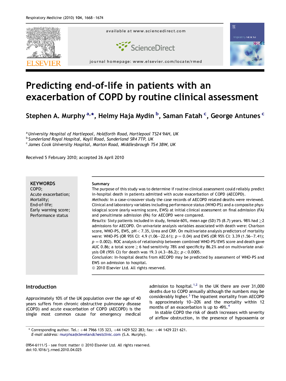 Predicting end-of-life in patients with an exacerbation of COPD by routine clinical assessment