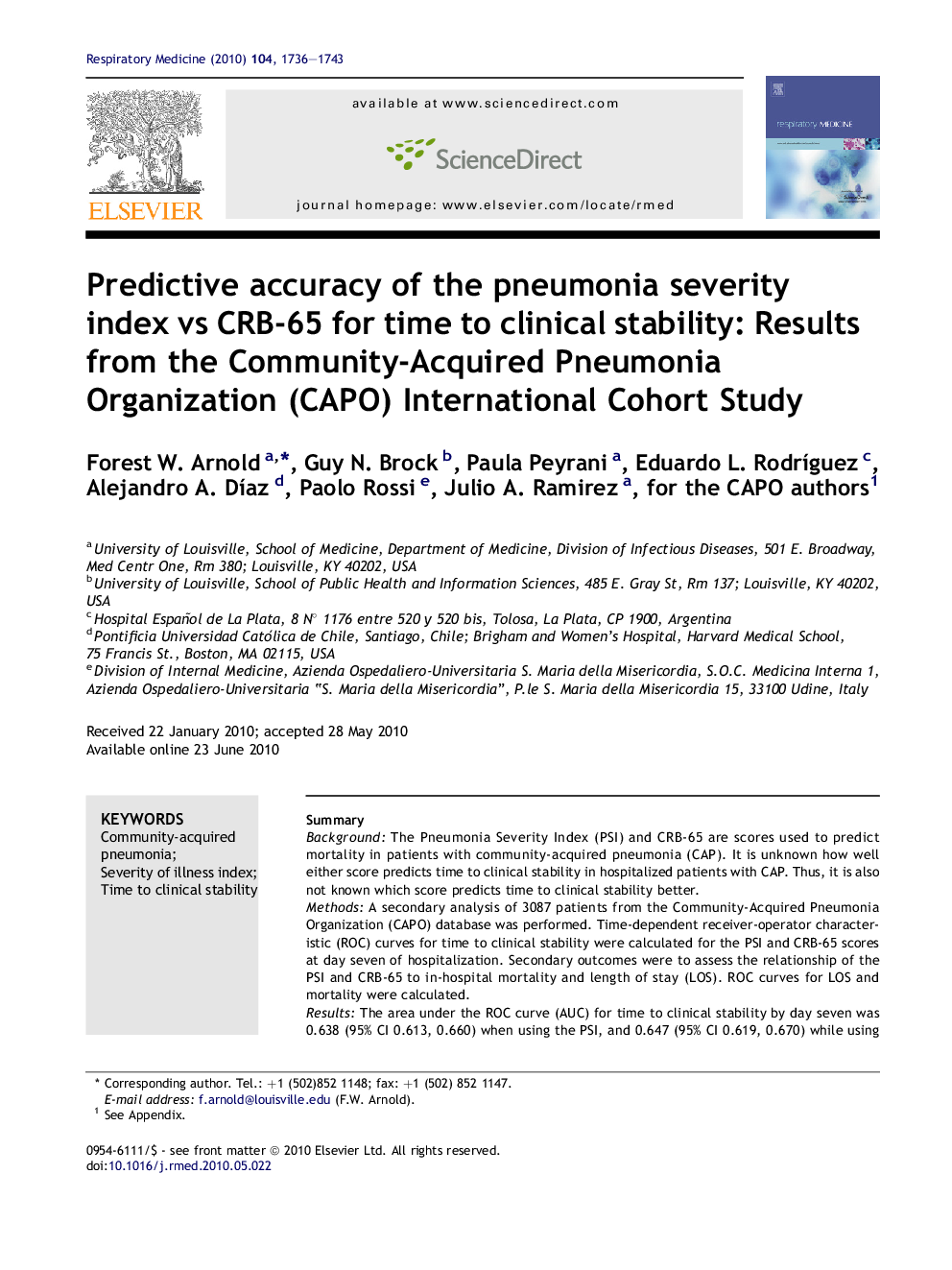 Predictive accuracy of the pneumonia severity index vs CRB-65 for time to clinical stability: Results from the Community-Acquired Pneumonia Organization (CAPO) International Cohort Study 