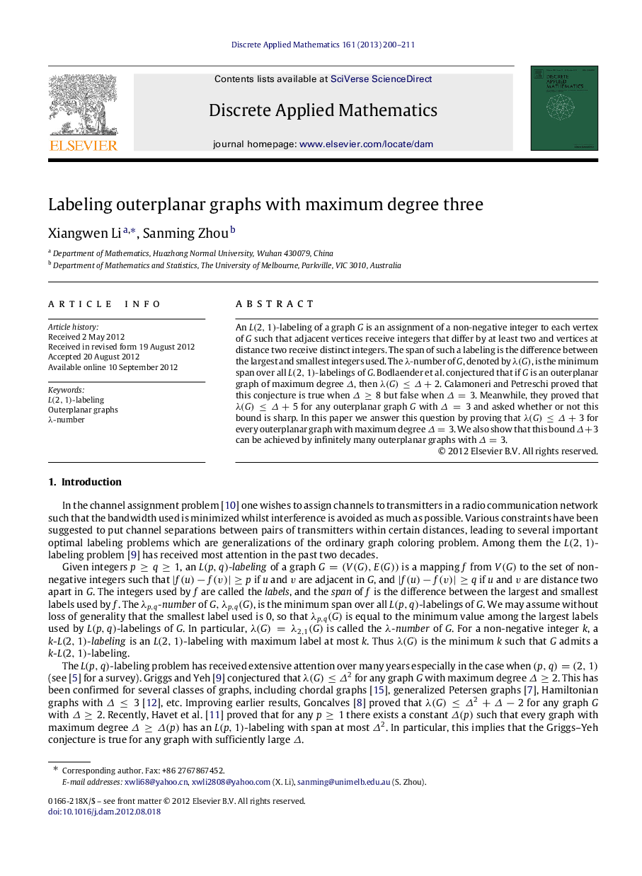 Labeling outerplanar graphs with maximum degree three