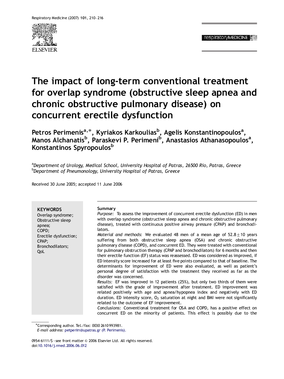 The impact of long-term conventional treatment for overlap syndrome (obstructive sleep apnea and chronic obstructive pulmonary disease) on concurrent erectile dysfunction